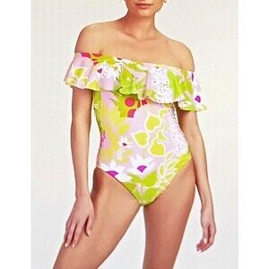Trina Turk La Palma Ruffle Off Shoulder One Piece Swim Pink Green Floral Sz 12